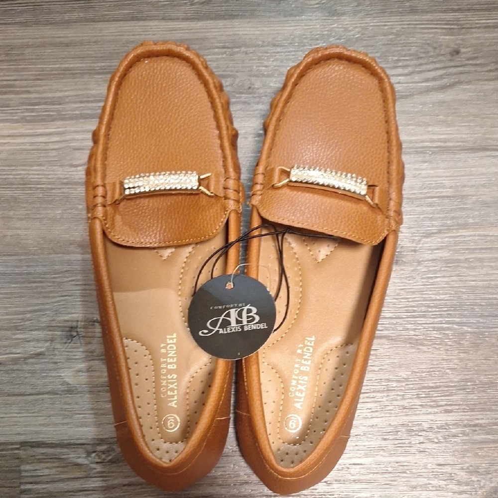 Tan Leather Loafers with Strap Detail and Textured Sole